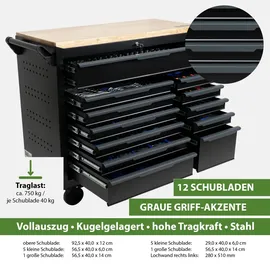 Trutzholm Werkstattwagen Star XL bestückt 103 x 112 cm Stahl Hartholzarbeitsplatte 12 Schubladen schwarz/grau