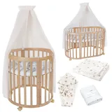 Waldin Oval Baby-Bett Mitwachsend Komplett Set 7in1, Gitterbett, Kinderbett mit Matratze, Wickelkommode, Beistellbett, Holz Natur, Stoffe Champagner Löwenzahn