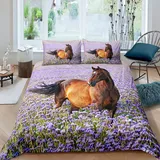 Homemissing 3D Pferd Bettbezug Set Lavendel Galoppierende Pferde Bettwäsche Set 135x200cm Kinder Jungen Braun Wildtier Muster Betten Set Tierwelt Farmhorse Dekor Farmhorse mit 1 Kissenbezug 2St