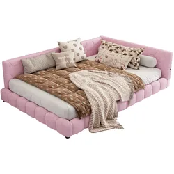 Merax 140*200cm Schlafsofa, 16 Farben Umgebungslicht, USB-Anschluss, Bequemes Material, Rosa