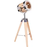 Brubaker Stehleuchte Industrial Design Tripod Lampe - 65 cm Höhe - Stativbeine aus Holz - Scheinwerfer Chromfarben/Messing
