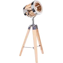 Brubaker Stehleuchte Industrial Design Tripod Lampe - 65 cm Höhe - Stativbeine aus Holz - Scheinwerfer Chromfarben/Messing