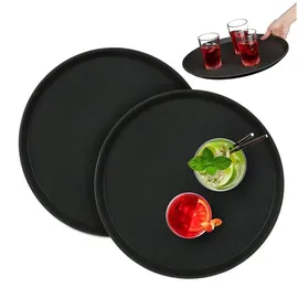 Relaxdays Tablett, 2x Serviertablett 2er Set, ø 40 cm, Bartablett, rutschfeste Oberfläche, Kellnertablett Gastronomie, schwarz