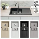 faizee home Granitspüle 100 x 50 mm links Einbauspülbecken schwarz + Handbetätigung