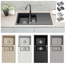 faizee home Granitspüle 100 x 50 mm links Einbauspülbecken schwarz + Handbetätigung