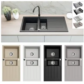 faizee home Granitspüle 100 x 50 mm links Einbauspülbecken schwarz + Handbetätigung