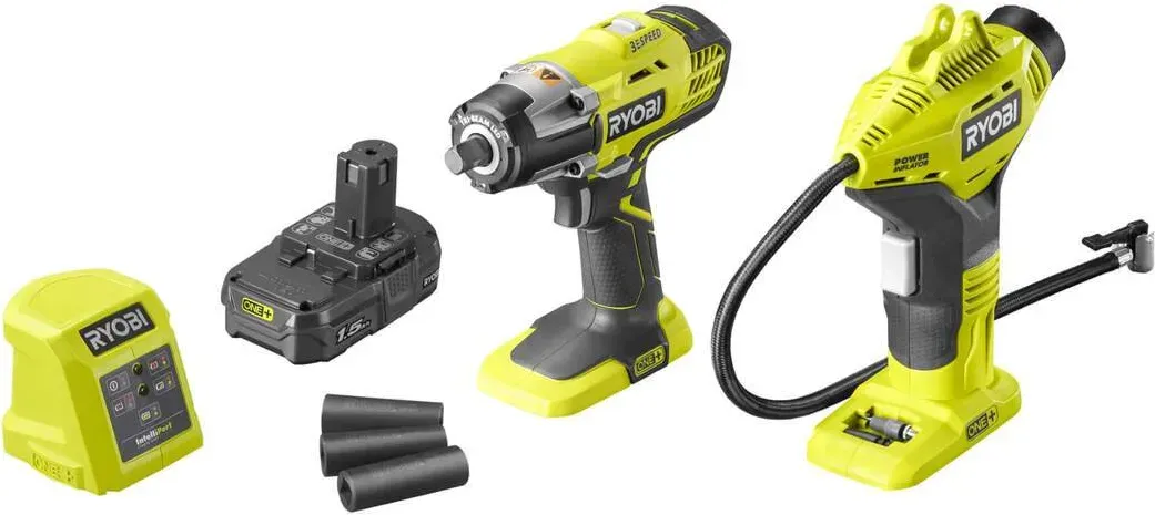 Ryobi Akku-Radwechsel Set 18V R18IWPI-115G | 18 V Akku-Schlagschrauber & Kompressor| Reifenwechsel