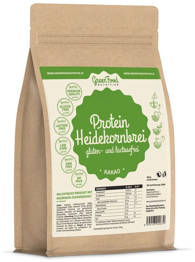 GreenFood Nutrition Protein Heidekornbrei gluten- und lactosefrei + 300ml Shaker Pulver 500 g