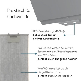 Wiggo WE-A942G Dunstabzugshaube 90cm kopffrei I Abluft Umluft Dunstabzug 626m3/h - Touch-Display 4 Stufen I Energieeffizienzklasse A Schräghaube ...