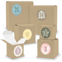 Adventskalender zum Füllen 24x Quader Würfel gemischt BRAUN + Sticker (V02 Z17) - Beige