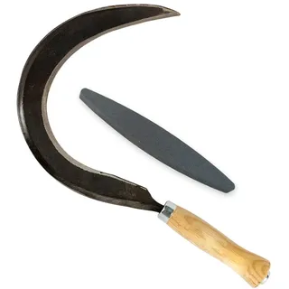 Mondsichel - Sense für Linkshänder inkl. gratis Schleifstein - mit Eschenholzstiel - Gartenhilfe - Sichelmesser rund - Handgeschmiedet in Deutschland