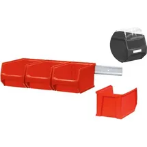 Proregal Wandleiste mit 4x Rote Sichtlagerbox 3.0 mit Abdeckung | HxBxT 12,6x60,5x23,6cm | Wandhalterung, Kleinteileaufbewahrunghalterung