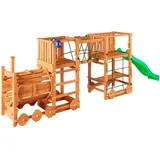FUNGOO Spielturm Loco Express, mit Rutsche, Dampflok-Tunnel, Holzdach u. Spielelementen, Made in Europe, FSC® - schützt Wald braun