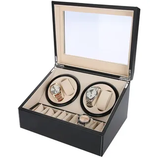 Automatische Uhrenbeweger Box, Uhren Aufbewahrungsboxen mit 4 Uhrenbewe + 6 Uhren, Drehen Mute Uhrenbeweger Display-Boxen PU-Leder für Uhrengeschäft und Zuhause 31 x 24 x 18 cm (schwarz)
