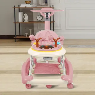 5-in-1 Lauflernhilfe für Babys, mit verstellbaren Höhen, Gehfrei Babywalker ab 6 Monate, bis zu 25 kg mit abnehmbarem Musik-Aktivitätstablett,67 * 75 * 85cm – Rosa (A)