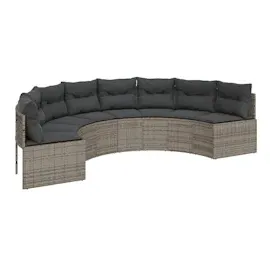 vidaXL Gartensofa mit Tisch und Kissen Halbrund Grau Poly Rattan
