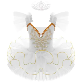 TiaoBug Mädchen Ballettkleid mit Krone Kinder Ballettanzug Ballett Trikot Tanz Kostüm Tutu Kleid für Wettbewerb Auftritte gr. 98-164 Weiß 134-140