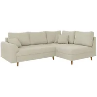 s-style möbel Ecksofa mit Braun Holzfüßen im skandinavischen Stil aus Beige Cord-Stoff, Ottomane rechts - Beige