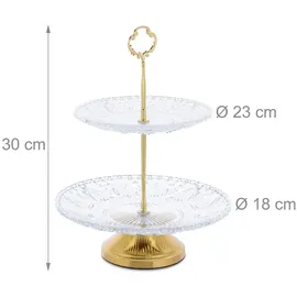 Relaxdays Etagere, Glas & Eisen, HxD: 30 x 23 cm, runder Servierständer, 2 Etagen, Cupcake Ständer, transparent/gold