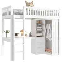 SOFTWEARY Hochbett mit Schreibtisch und Aufbewahrung (90x200 cm) Kinderbett mit Rausfallschutz, Kiefer weiß