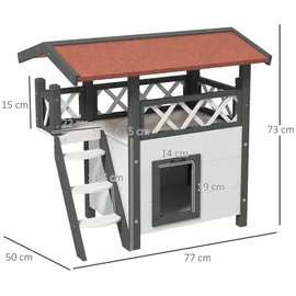 PawHut Katzenhaus mit Asphaltdach 2-stöckig 77 x 50 x 73 cm Rot/Weiß