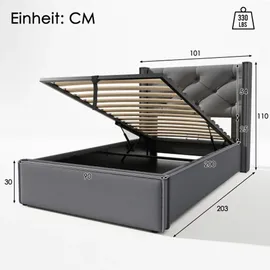 XDOVET Bett,Hydraulisch Einzelbett Polsterbett 90x200cm,Bett mit Lattenrost aus Metallrahmen, Modernes Bettgestell mit Stauraum, Baumwolle, Grau - Grau