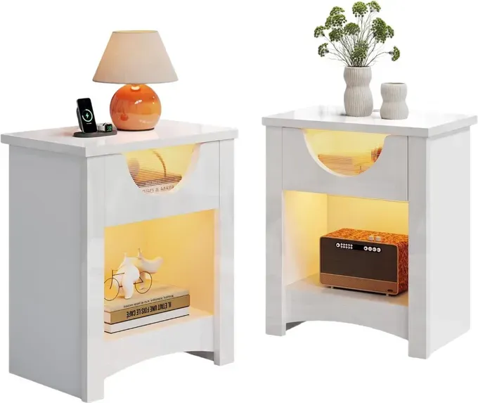 Bestier Nachttisch mit LED-Beleuchtung, 2er-Set, 30×48×60 cm, Schublade, Cloud Weiß