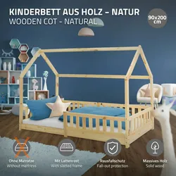 Kinderbett Rausfallschutz Kiefernholz Kinderaus Bett Holzbett 90x200 cm Natur