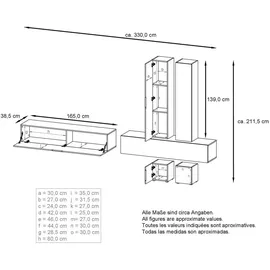 Vladon Wohnwand, Eiche, Holzwerkstoff, 330x204x39 cm, Wohnzimmer, Wohnwände, Wohnwand-Sets