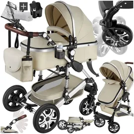 Tectake tectake® Kombi-Kinderwagen, 2 in 1, klappbar, mit 5-Punkt-Gurt, Bremse, Schutzbügel und Handschlaufe, pulverbeschichteter Aluminiumrahmen, pflegeleichter Stoffbezug, für 0 bis 36 Monate geeignet, Belastbarkeit 15 kg