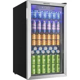 euhomy 90L Getränkekühlschrank, Minikühlschrank für 126 Dosen mit Glastür, kleiner Kühlschrank mit verstellbaren Regalen für Limonade, Bier oder Wein, perfekt für Zuhause/Bar/Büro, Silber, Edelstahl