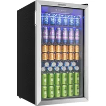 euhomy 90L Getränkekühlschrank, Minikühlschrank für 126 Dosen mit Glastür, kleiner Kühlschrank mit verstellbaren Regalen für Limonade, Bier oder Wein, perfekt für Zuhause/Bar/Büro, Silber, Edelstahl