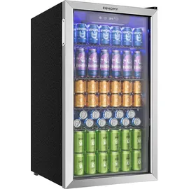 euhomy 90L Getränkekühlschrank, Minikühlschrank für 126 Dosen mit Glastür, kleiner Kühlschrank mit verstellbaren Regalen für Limonade, Bier oder Wein, perfekt für Zuhause/Bar/Büro, Silber, Edelstahl