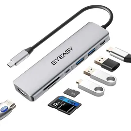 BYEASY USB C Hub, 7 in 1 USB C Splitter mit 4K HDMI, SD/TF Kartenleser, 100W Power Delivery, 0.71ft Kabel Ultra Slim USB C Adapter Kompatibel für Laptop und andere Typ C Geräte