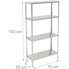 Relaxdays Lagerregal Stahl 150x75x30 cm Silber 4 Böden bis 160 kg