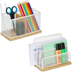 Relaxdays Schreibtisch Organizer Set 2-tlg., Metall, Briefständer & Stiftehalter, Büro-Organizer, Bambus, weiß/ natur