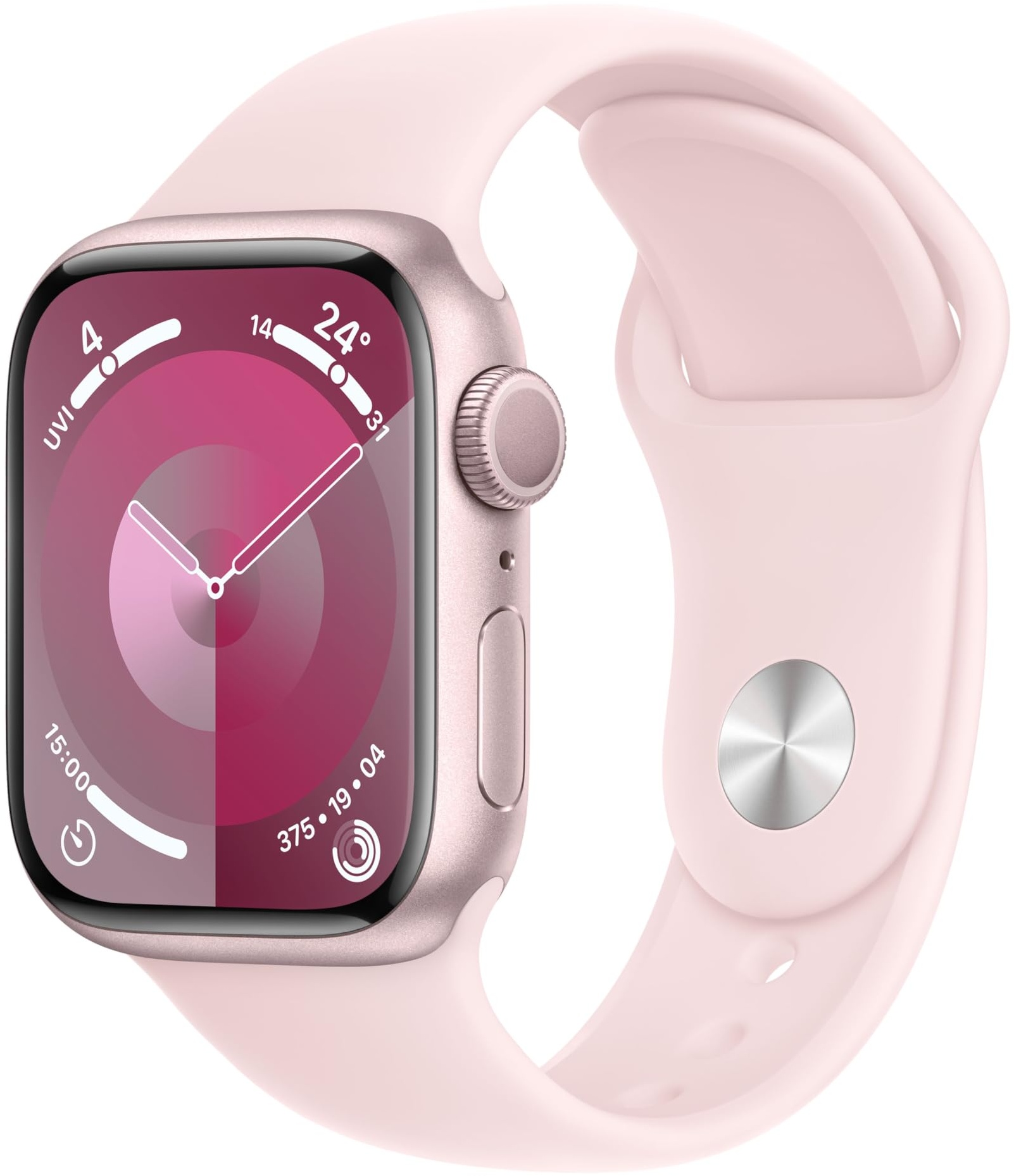Apple Watch Series 9 (GPS, 41 mm) Smartwatch mit Aluminiumgehäuse in Pink und Sportarmband S/M in Hellrosa. Fitnesstracker, Blutsauerstoff und EKG Apps, Always-On Retina Display, Wasserschutz