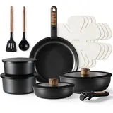 CAROTE Topfset mit abnehmbaren Griffen, Pfannenset 17-Teilig Antihaft Kochgeschirr, Topfset Induktion Backofen-/Spülmaschinensicher, platzsparendes Kochtopfset, PTFE/PFOA-frei, Schwarz