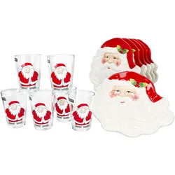 12tlg Set Santa 6x Milch-Gläser 240ml & Gebäckteller Weihnachtsmann Kekse Kakao