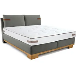 Boxspringbett BIRKENSTOCK "Montreal", grau (fenstergrau tbb 28), B:183,5cm L:230,5cm, Struktur TBB (100% Polyester), Scheuertouren 32000, Komplettbetten, Boxspringbett, Kopfteil in Kissenoptik, Lederlaschen, unterschiedliche Ausführungen
