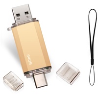 Type C USB Stick 64 GB, OTG USB C Memory Stick 64 GB 2-in-1 Type C Flash Drive 64 GB Mini Memory Stick External Pen Drive for MacBook Pro, Android Mobile Phone, Pad, Laptop and Computer (Gold)