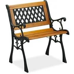 Relaxdays Gartenstuhl mit Armlehne, belastbar, niedrig, Vintage-Design, Holz & Gusseisen, 73x62x 52,5 cm, natur-schwarz