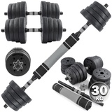 C.P.Sports 2in1 Kurzhantel & Langhantel Set 30kg / 40kg | Hantelscheiben – Gewichte – Hantelstangen | verstellbare Hanteln – Hantelset für Krafttraining, Fitness, Home Gym (Silber-schwarz – 30kg Set)