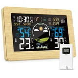VIFLYKOO Wetterstation Funk mit Außensensor, Thermometer und Hygrometer für Innen und Außen mit Wettervorhersage, VA-Display, Funkwetterstation mit DCF Funkuhr, Batteriebetrieb und Netzbetrieb