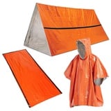 3-in-1 Outdoor-Notfall-Überlebens-Sets, wärmereflektierend, Thermo-Regenmantel, Schlafsack, Zelt-Set für Outdoor-Camping – Orange