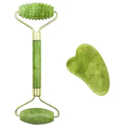 Jade-Roller und Gua-Sha-Brett, Jadestein-Set, Schabe-Massagewerkzeuge für die Gesichtspflege und Anti-Aging grün