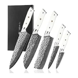 Wakoli Perle Blanche Küchenmesser-Set (5 Messer) mit Messerblock I 67 Lagen Damast mit VG10-Stahlkern | Premium Messerset