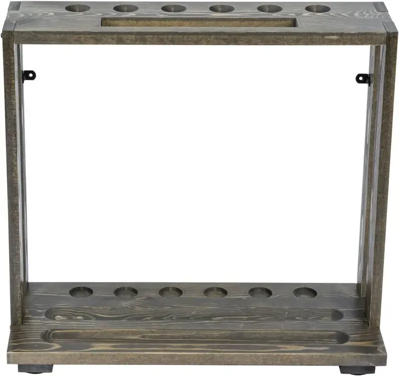 MyGift Vintage verwitterter grauer Massivholz freistehender Queuehalter mit Kugelablage und Dreieckshalterung, Billardspiel-Ausrüstungsset Bodenständer