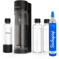 Sodapop Wassersprudler Logan Starterset mit CO2-Zylinder, inkl. 2 Glasflaschen (850 & 600 ml) und 1 PET-Flasche (850 ml), Matt Schwarz, Höhe 42,6 cm