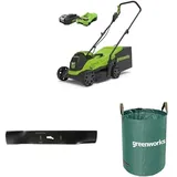 Greenworks 24V Kabelloser Akku Rasenmäher mit bürstenlosem Motor, 33 cm Schnittbreite, 24V Akku & Ladegerät-GD24LM33K2 + Greenworks Tools 33cm Ersatzmesser + Greenworks Tools 120l Gartenabfallsack